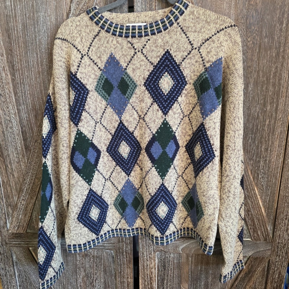 Christopher & Banks Sweater Women's Size XL Beige & Blue Hand Embroidered Argyle